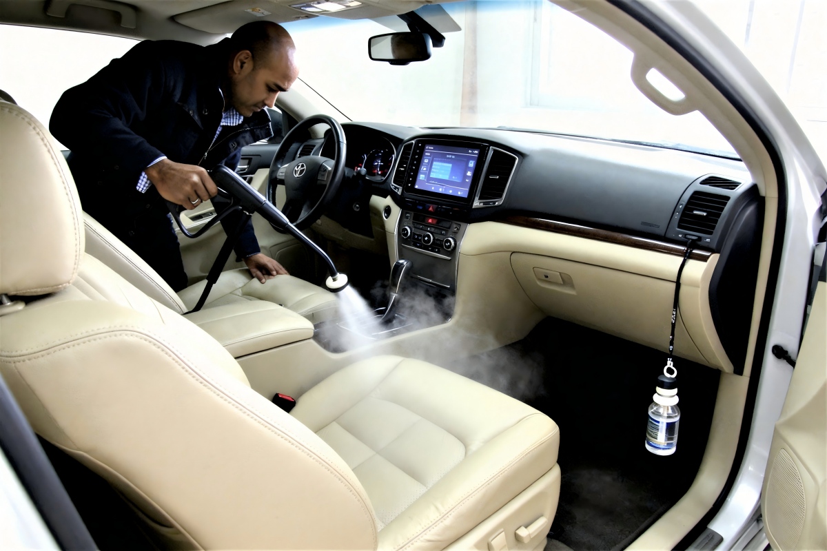 Portable steam cleaner for car interiors